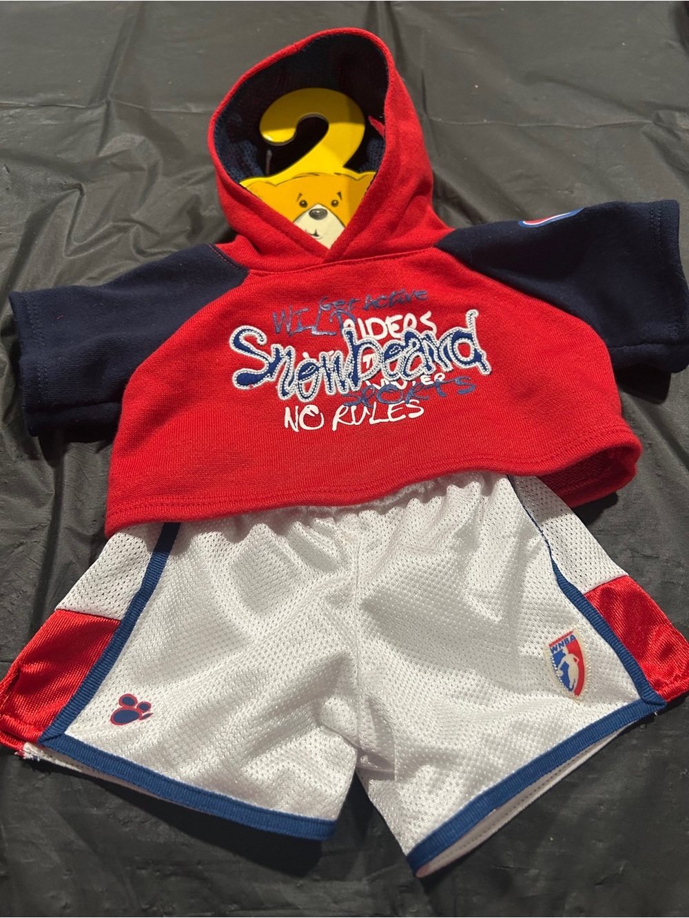 Build a Bear Red & Navy Hooded Top with Graphic and shorts- m